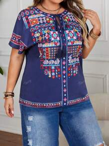 Plus Size Women Navy Blue Woven Graphic Print Batwing Sleeve V-Neck Drawstring Tassel Loose Pullover Top