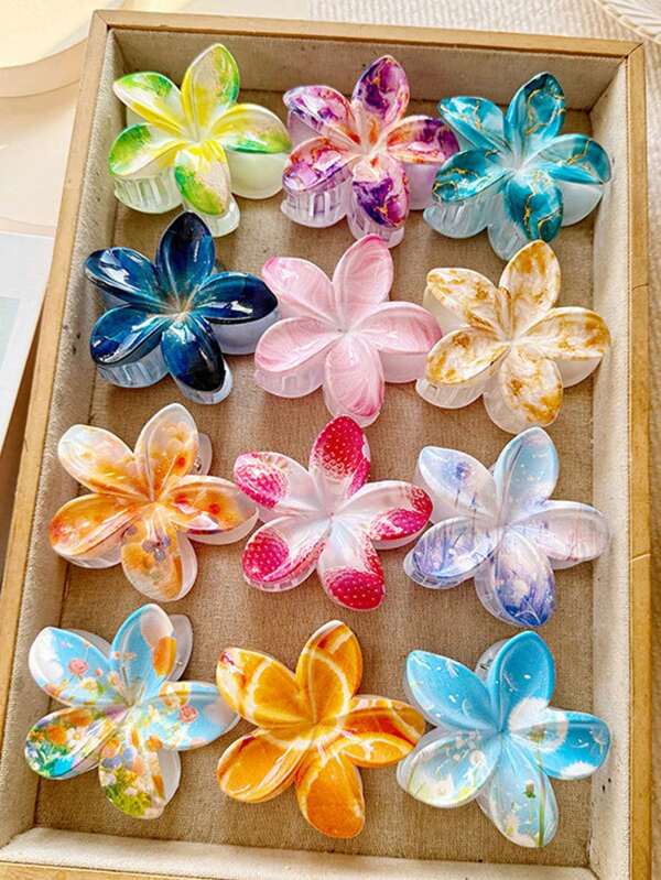 Set de 6 / 1 pieza Pinzas para el cabello con estampado de mármol de verano, pinzas de agarre con flores de vacaciones hawaianas junto al mar, accesorios para la cabeza, decoración de fiesta, pinzas para el cabello con estampado de fresa y frangipani, adecuadas para cabellos gruesos y suaves en una variedad de estilos, para regalos de cumpleaños para familiares o amigos, regalos festivos
