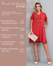 Women's Loose Dress With Functional Pockets Short Sleeve Casual Minimalist Comfortable Basic - 紅陶 - 查看 8