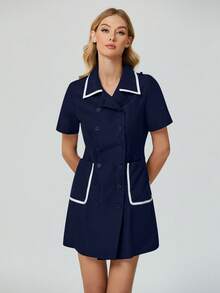 cimmuovere Women Ribbon Design Double-Breasted Collar Pocket Elastic Waist Casual Wear To Work Commute Elegant Dress Suitable For Doctors, Nurses, Dentists, Psychiatrist, Beauty Clinics, Pet Hospitals - Navy Blue - View 6