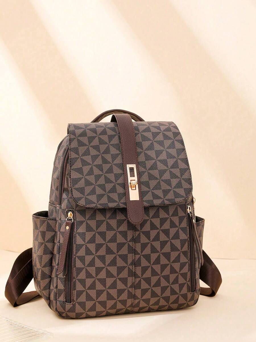 Women Rhombus Pattern Large Capacity Backpack With Flap Design, Commuter Bag, Student Backpack, Mother Bag, School Backpack - Brown - View 1