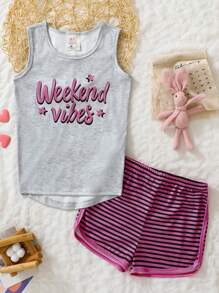 2 Peças/Conjunto Pijama Ajustado para Meninas - Regata com Letra de Gola Redonda e Shorts Listrados, Conjunto de Roupa Íntima Fofo e Confortável, Verão