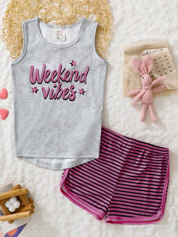 2 Peças/Conjunto Pijama Ajustado para Meninas - Regata com Letra de Gola Redonda e Shorts Listrados, Conjunto de Roupa Íntima Fofo e Confortável, Verão