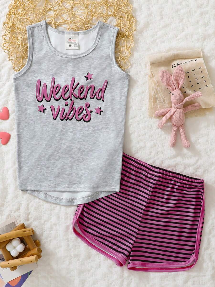 2 Peças/Conjunto Pijama Ajustado para Meninas - Regata com Letra de Gola Redonda e Shorts Listrados, Conjunto de Roupa Íntima Fofo e Confortável, Verão