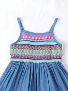 Summer Girls Casual Simple Fashion, Colorblock Geometric Pattern Denim Effect Strap Dress, Suitable For Play And Vacation