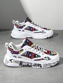 Men's Versatile Multi-Color Random Geometric Pattern Patchwork Chunky Sneakers, Fashionable Lace-Up Front Comfortable Lightweight Outdoor Sports Couples Sneakers ,Gym 2000s Style Valentine's Day Ideas