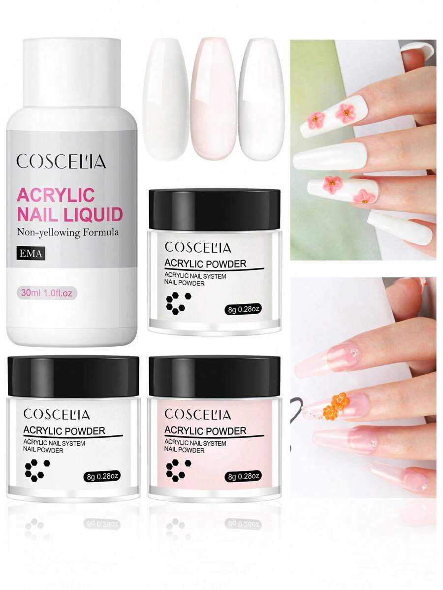 coscelia 4PCS Acrylic Nail Kit-8G Acrylic Powder & 30ML Acylic Nail Liquid No Needed Nail Lamp, 8G Pink White Clear Acrylic Powder Long Lasting For Acrylic Extension Or Acrylic Carving For Women DIY Acrylic Nails