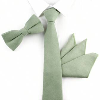 3 件套男士简约百搭毛绒领带、领结和口袋巾组合套装，适合婚礼、聚会和派对