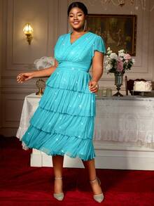 女式蛋糕连衣裙 褶皱 V 领高腰闪亮带衬里派对活动加大码女士礼服