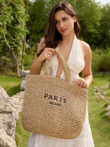 Tropiscape 休闲大容量草编手提包，设计师字母图案，女士手工编织夏季沙滩包，大容量购物袋，假日必备，旅行、度假、假日和海滩的完美之选，适合海滩度假、购物和度假必备品，秋季圣诞节冬季圣诞礼物