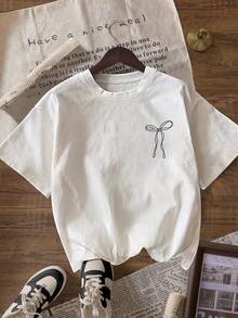 Pink Bow Slogan Printed Round Neck Short Sleeve Ladies T-Shirt - White - View 3