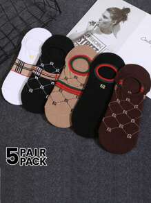 5 Pairs Women's Letter & Stripe Pattern French Luxury Vintage Style Versatile Invisible Liner Socks