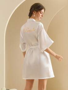 1pc Bride Bridesmaid Satin Embroidered Robe, Red Sleeping Gown Bathrobe For Wedding, Birthday, Bachelorette Party - Navy Blue - View 2