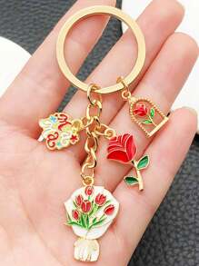 1pc Oil Drop Mother's Day Tulip Bouquet, Rose Flower, Letters Alloy Keychain Accessories, Stainless Steel Key Ring Women Fashion Simple Pendant Accessories Street Party Y2k Elegant Style Suitable For Daily Wear Mobile Phone Wallet Backpack Car Pendant Key Accessories Mother's Day Perfect Gift For Mom Mother's Day Gift Birthday Gift Holiday Gift Car Accessories Bag Charm