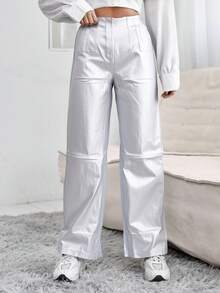 Pantalones anchos reflectantes de color liso para mujer, pantalones acampanados, elegantes, para fiestas, con cremallera y bolsillos con botones para uso diario. - Plateado - Ver 1
