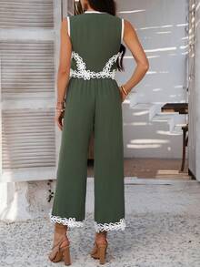 Ensemble 2 pièces femme style bohème, top sans manches avec broderie de dentelle et pantalon large - Militaire verte - Voir 2
