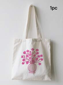 1pc Plant Flower Simple Fashion Canvas Print Handbag Shoulder Bag Tote Bag, Portable Storage Bag, Gift Packaging Bag, Laundry Bag, School Use, Home Decoration, Book Notebook Storage Bag, Snack Bag, Gift Storage Bag, Daily Necessities Storage Bag, Travel Storage Bag, Birthday Gift, Teacher Gift, Back To School Gift, Graduation Gift, Thanksgiving Gift, Christmas Gift, New Year Gift, Gift Essential, Washable And Reusable