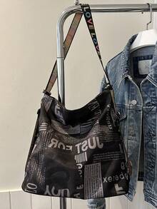 1个复古个性化字母涂鸦斜挎包，大容量通勤包，单肩包，可调节肩带，拉链设计，适合婚礼、派对、度假、娱乐、下午茶、学校等各种场合。