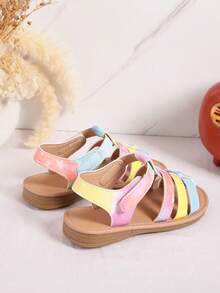 1 Pair Girls Colorful Patent Leather Flat Hook And Loop Princess Sandals, Suitable For Summer