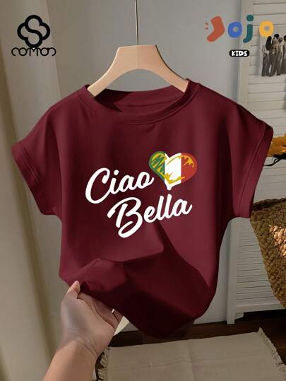 Novo para a primavera e o verão, blusa infantil de algodão canelado, confortável, gola redonda, estilo esportivo, bonita, faculdade de rua, casual, versátil, macia, respirável, unissex, raglan, manga curta, estampa de slogan com bandeira italiana