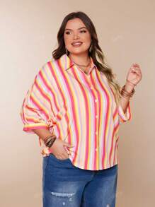 Casual Striped Shirt, Classic Single-Breasted, Drop Shoulder, Turn-Down Collar, Side Split Hem, Loose Fit, Summer Apparel, Plus Size Women