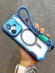 奢华磨砂镜头支架磁吸无线充电手机壳适用于 16 15 14 13 12 Pro Max 11 16Plus 防震保护壳 防水防摔防刮 - 藍色+短繩 - 查看 2