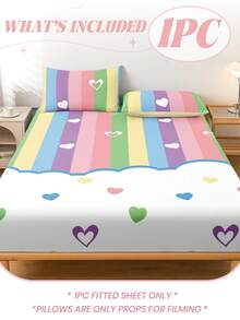 1pc Soft & Comfortable Fitted Sheet, Skin-Friendly Mattress Protector, Suitable For Twin/Full/Queen/King Size Bed, Geometric/Rainbow Pattern, Machine Washable, Great For Holiday/Valentine's Day Gift - Multicolor - View 3
