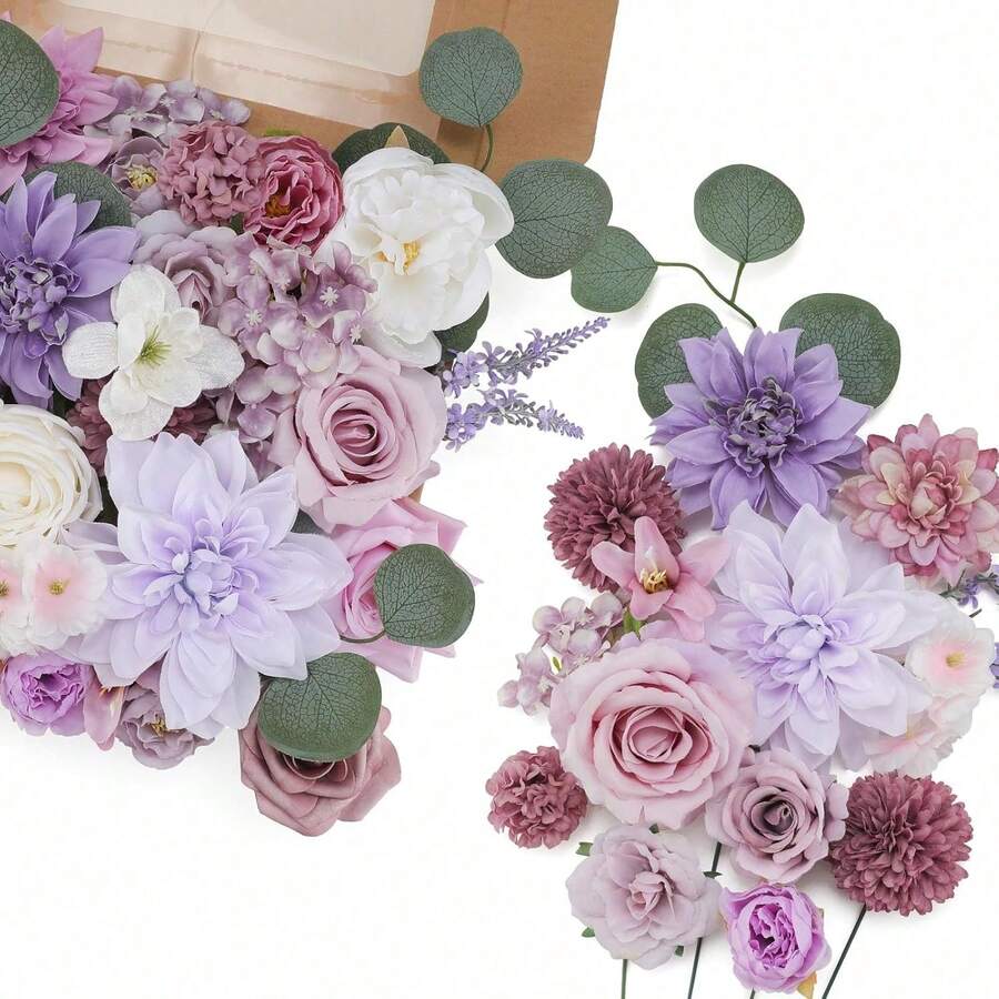 Artificial Flowers Combo, Champagne Silk Roses, Peonies, Dahlias With Stems For DIY Wedding Bouquets, Baby Shower, Table Centerpieces, Home Decor, Fake Floral Arrangements, Party Decorations - Dreamy Purple - 查看 1