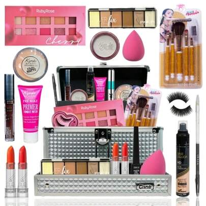 Kit Maquiagem Completo Bege Médio Com Pincéis Necessaire
