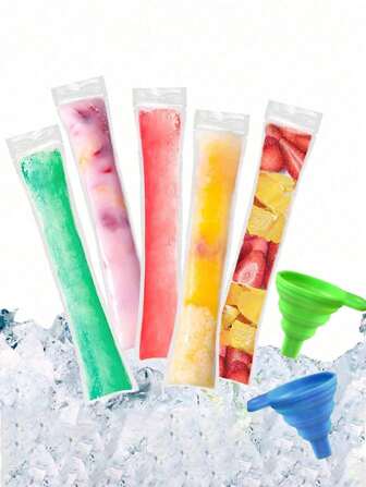 100个带硅胶漏斗的长冰淇淋袋，家用冰棒模具，适用于蔬菜、果汁、果泥、冰淇淋、水果冰，可在低温下密封的储物袋，冰淇淋袋和食品包装袋礼品袋，适用于派对、厨房、旅行和户外使用