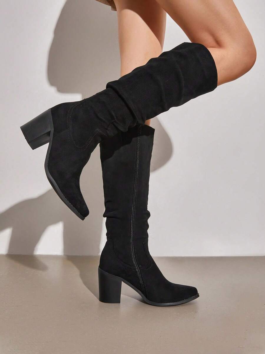 Women's Knee-High Boots, Comfortable Chunky Block Heel Pointed Toe Pull On Side Zipper Suede Slouch Riding Boots