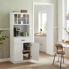 Buffet Haut Cuisine, Meuble de Rangement, Garde-Manger, Vaisselier, avec Portes en Verre et Étagères Réglables, Trou de Passage des Câbles, pour Micro-Ondes, Style Moderne, Blanc - Blanc - Voir 3