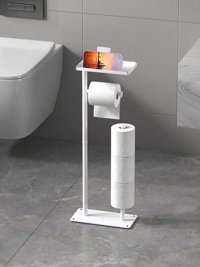 Freestanding Toilet Paper Holder, Multi-Roll Paper Storage Rack, Floor-Standing Toilet Brush Holder With Storage Tray And Phone Holder, Easy Installation No Drilling Needed, Great For Home Decor, Bathroom Storage And Accessories Bathroom Accessories