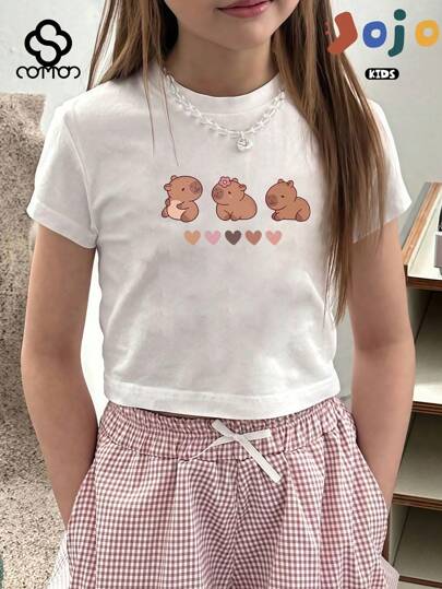 Novo estilo de verão, camiseta esportiva fofa, macia e confortável de algodão puro para meninas, estilo universitário, de manga curta, estampa de três padrões de amor de Capivara