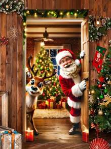 2D Santa Claus And Reindeer Holiday Door Banner, 1pc - Durable Polyester, 70.8x35.4 Inches, Ideal For Home Entrances And Outdoor Christmas Decor