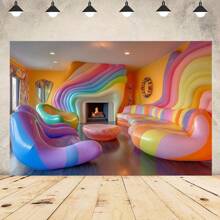 1pc Vibrant Rainbow Inflatable Sofa Lounge With Colorful Walls Backdrop Cloth, Cozy Fireplace & Playful Mirrors - No Power Needed - Ideal For Party Decorations, Photo Shoots & Home Decor, Party Decorations | Playful Design | Easy Clean Fabric, Inflatable Furniture For Parties,2D Flat,Notmulti-Layer Or Real Model