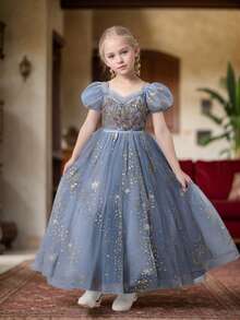 Tween Girls' Party Dress Long Gown, Luxury Wedding Banquet Princess Dress, Short Puff Sleeve Summer - Grey - View 6