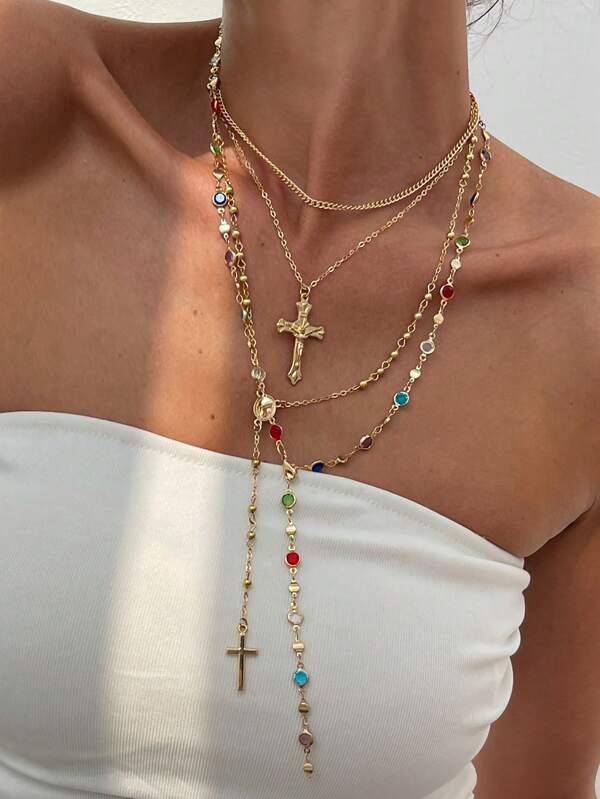 4pcs/Set Bohemian Style Colorful Crystal & Vintage Metal Cross Pendant Y-Necklace Set, Suitable For Women's Daily And Holiday Wear, Gift For Friends (Assorted Colored Crystal, Copper Bead Chain As Actual Item)