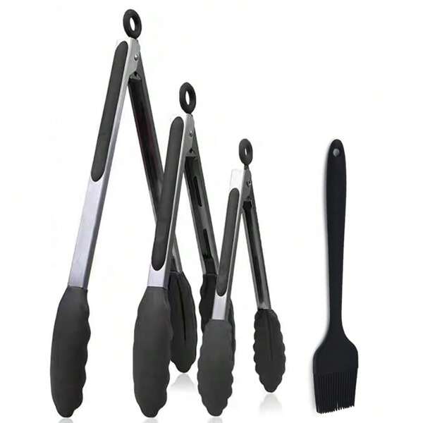 4pcs/Set Silicone Kitchen Tongs, Stainless Steel Handle And Non-Stick Silicone Head, Heat Resistant Cooking Tongs, BBQ Tongs, Food Clips, 8.3 Inch Silicone Brush For Kitchen, Self-Catering, Cooking, Salad, Barbecue - Dishwasher Friendly, Multiple Sizes (7/9/12 Inch)