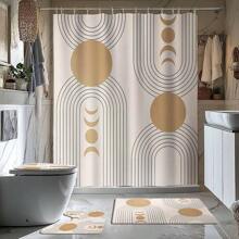 4 Stücke Boho Gold Sonnenmuster Badezimmer Set - Duschvorhang, Badematte, U-förmiger Toilettendeckel, wasserdichter Duschvorhang, modischer dekorativer Vorhang, moderne Stil Badezimmer Trennvorhang, ohne Bohren erforderlich, waschbarer Polyester Schulanfang Badezimmer Dekoration