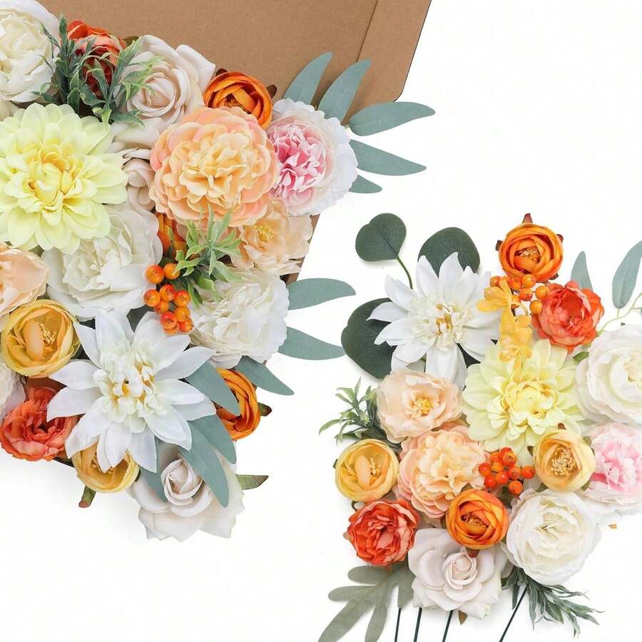Artificial Flowers Combo, Champagne Silk Roses, Peonies, Dahlias With Stems For DIY Wedding Bouquets, Baby Shower, Table Centerpieces, Home Decor, Fake Floral Arrangements, Party Decorations - Orange&white - 查看 1