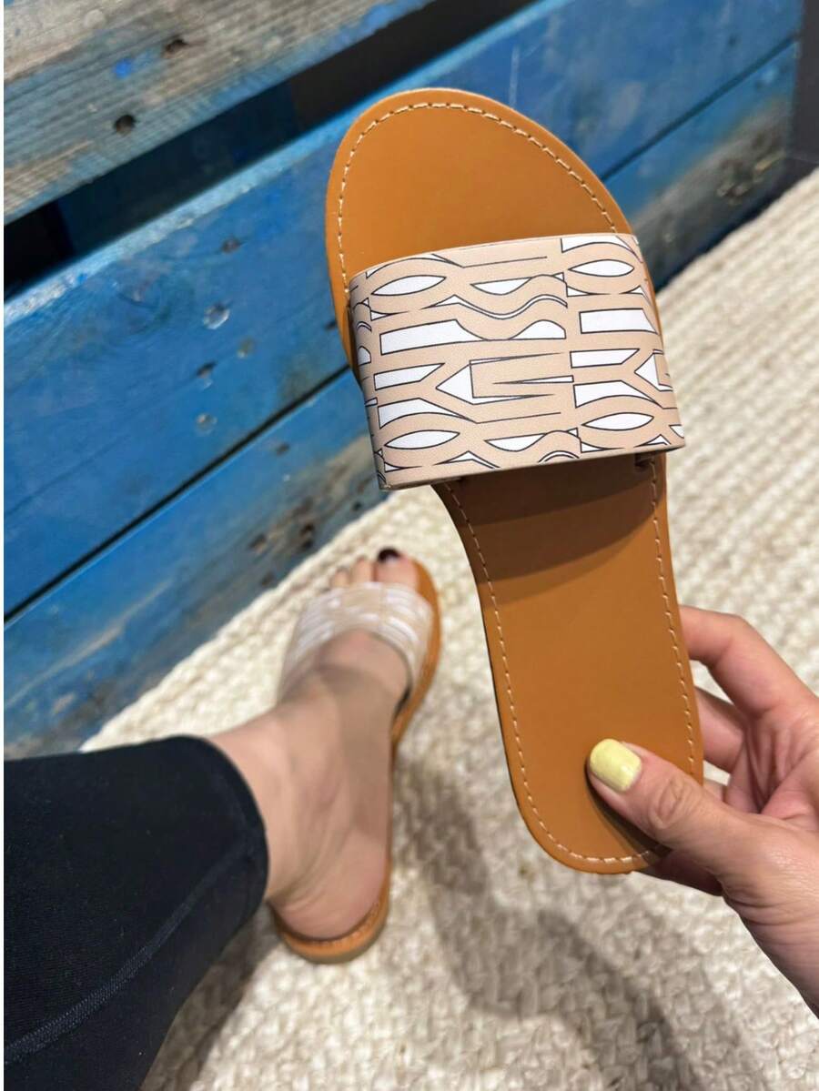 Women's Geometric Pattern Casual Flat Slide Sandals - Beige - View 1