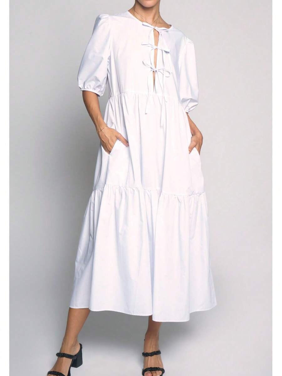 SANSSOUCI TIE FRONT TIERRED POLY COTTON MIDI SKIRT Plain Elegant Casual Modest Woven Fabric Tiered Layer Tie Front DRESS Beach Home Baby Shower Party Daily Elegant And Casual Tea Party Brunch SPRING SUMMER - 白色 - 查看 1