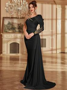 Elisanya Vestido maxi elegante y formal con cuello en V hasta el suelo, con mangas largas y tren de encaje y malla para mujeres