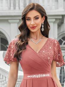 MIUSOL Abito da sera lungo con scollo a V, maniche a volant, orlo plissettato, decorato con fiori e paillettes a contrasto, adatto per invitati di matrimonio, estate, damigelle, cerimonie di laurea, gala ed altre occasioni - Rosa antico - Visualizzare 8