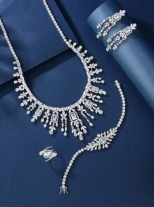 4pcs Set Silver Fashional Cubic Zirconia Necklace Earrings Bracelet Open Ring, Elegant For Ladies Everyday Wear