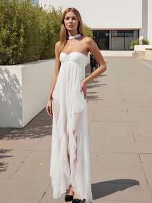 Women Summer Sleeveless Dress Irregular Ruffled Hem Backless Cocktail Party Dress For Beach Club Streetwear - White - View 2
