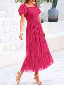Women's  Summer Pleated Mid-Length Tulle Dress Puffy Short Sleeve Square Collar Ruffled Wedding Guest Graduation Party Dress - Màu Hồng Tươi - Xem 5