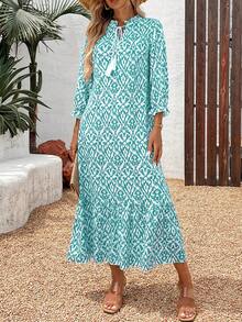 Đầm dài tay in hoa cổ chữ V tay dài cho nữ - Màu xanh lam - Xem 5