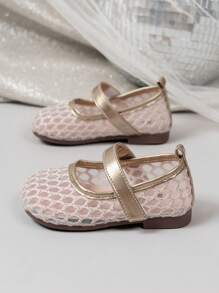 1 Pair Girls' Mesh Embroidered Heart & Rhinestone Lattice Design Flat Hollow Slip-On Shoes, Cute Princess Style, Fashion, Soft & Lightweight, Round Toe, Closure, Matching Mom's Size, Suitable For 2-14 Years Old Girls, All Seasons, Party, Holiday